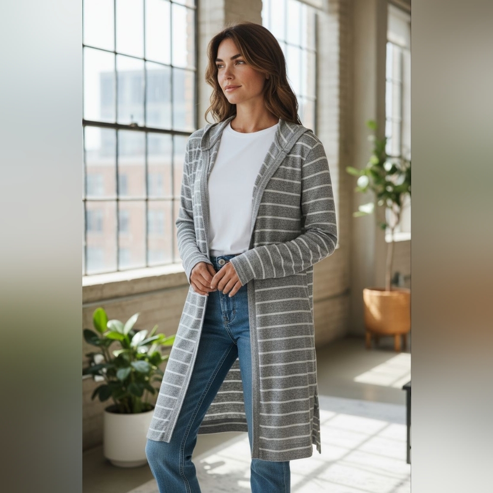 Elegant Gray Striped Women's Cardigan